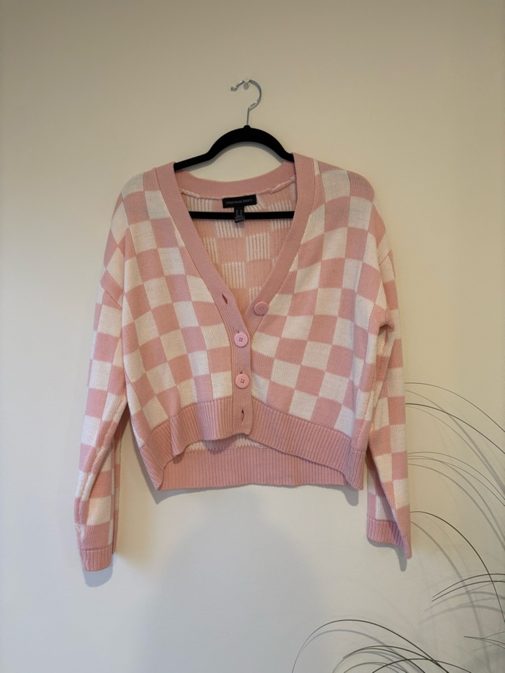 Streetwear Society Pink and White Checker Cardigan Sweater